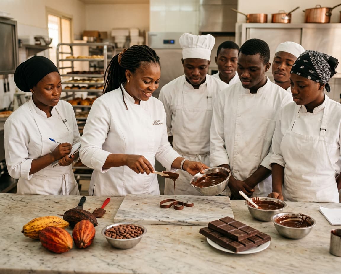 Une cheffe pâtissière montre le travail du chocolat à des apprentis