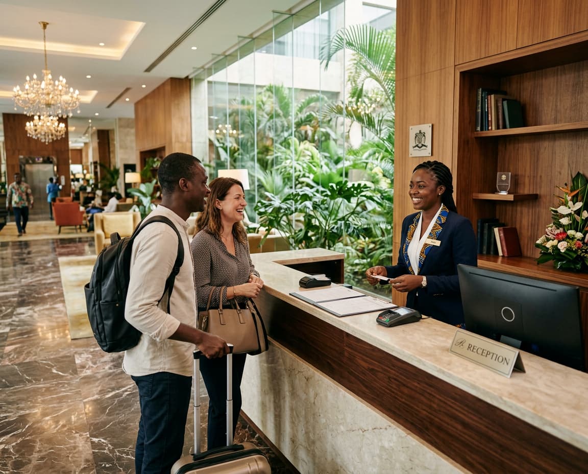 Une réceptionniste accueille des clients dans le hall d’un hôtel d’Abidjan